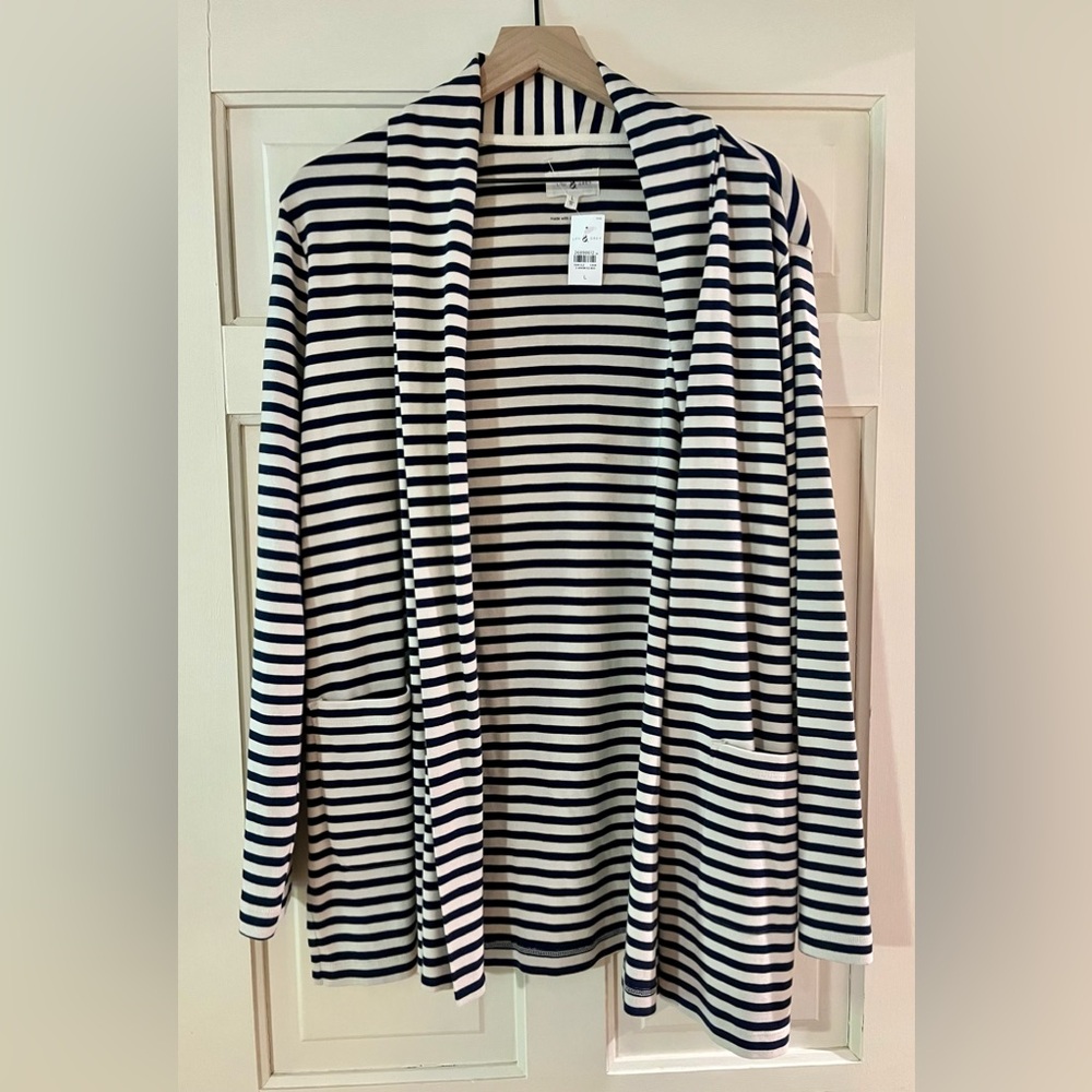 Lou & Grey navy and cream striped cardigan. Size L. NWT.